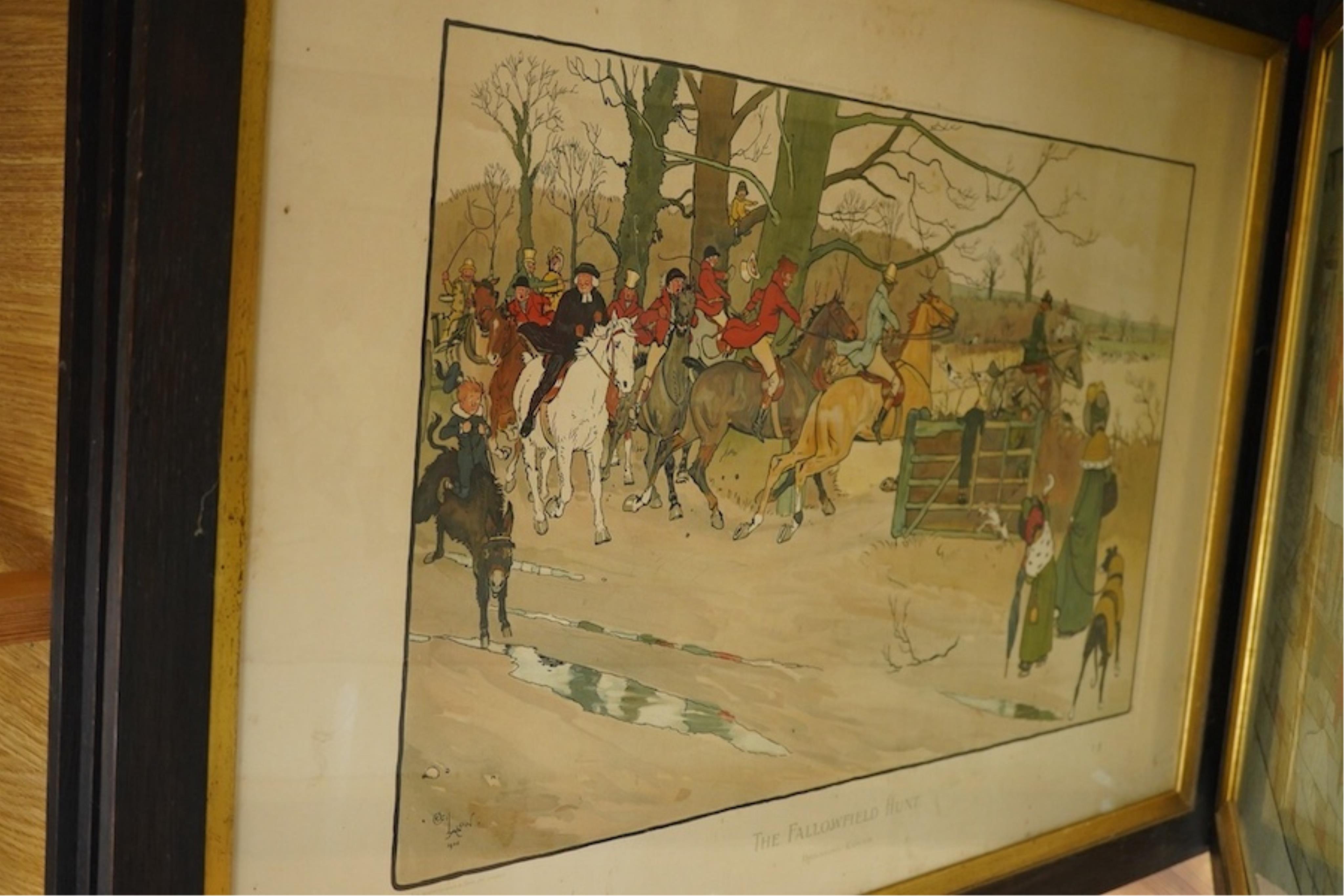 After Cecil Aldin (1870-1935), ‘The Fallowfield Hunt’ to include 'A Check', 'The Hunt Supper' and 'Breaking cover, set of six lithographs, published Lawrence & Bullen, London, unsigned, 53 x 77cm, framed